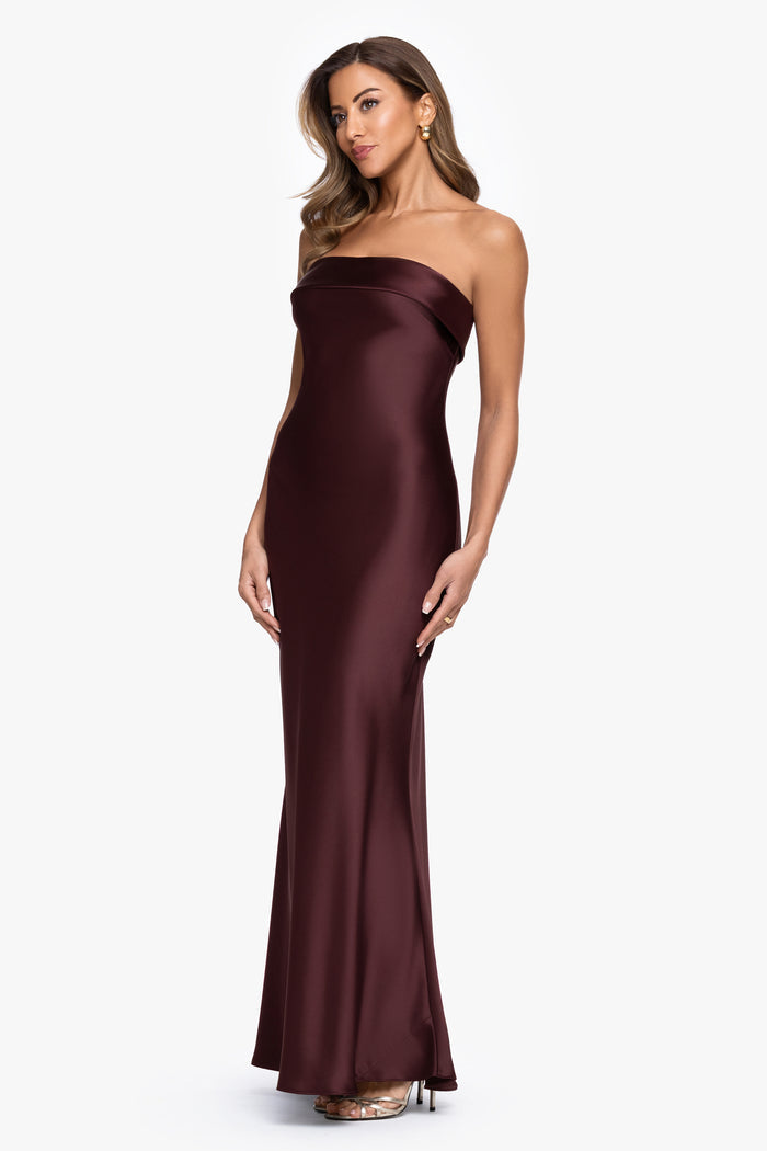 Chocolate “Reese” Satin Long Strapless Gown, alternate front view