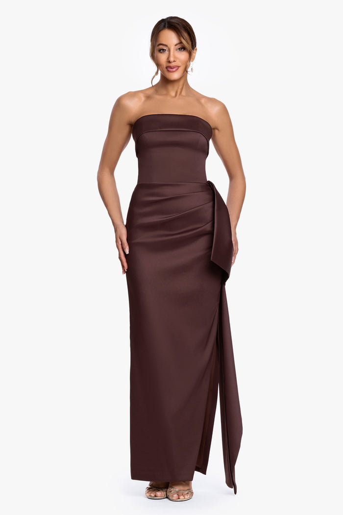 "Remi" Satin Strapless Side Ruffle Floor Length Dress, front view