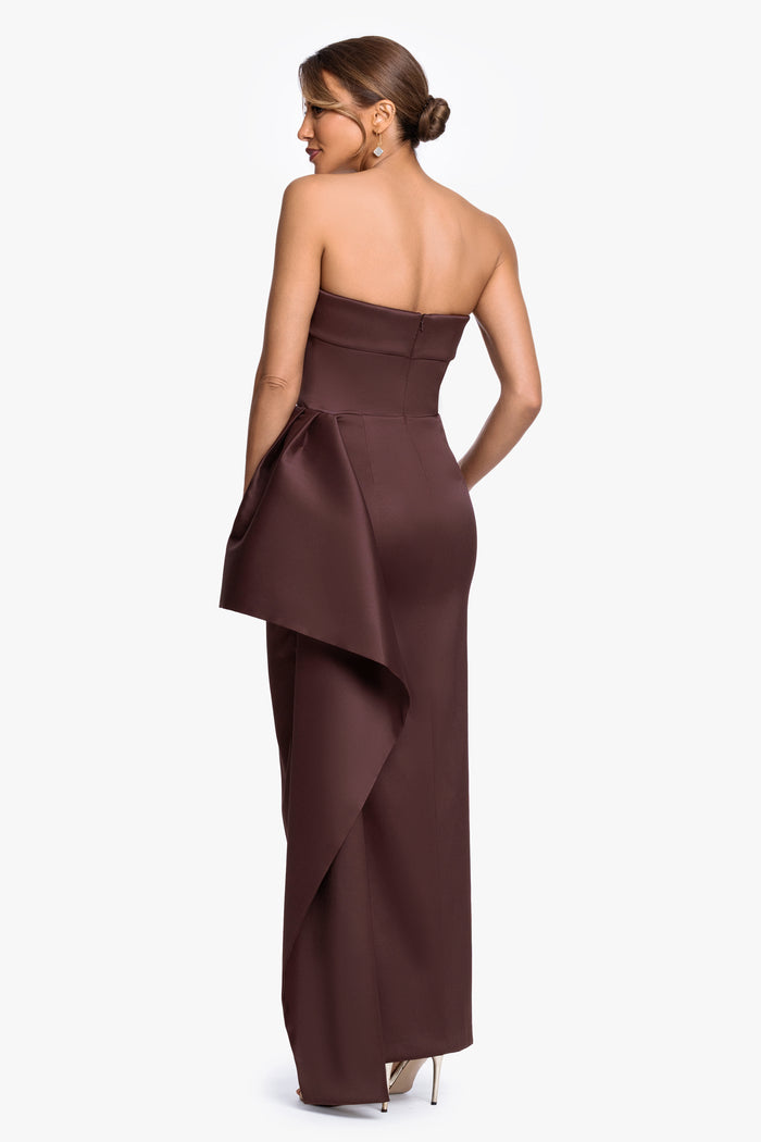 "Remi" Satin Strapless Side Ruffle Floor Length Dress, back view