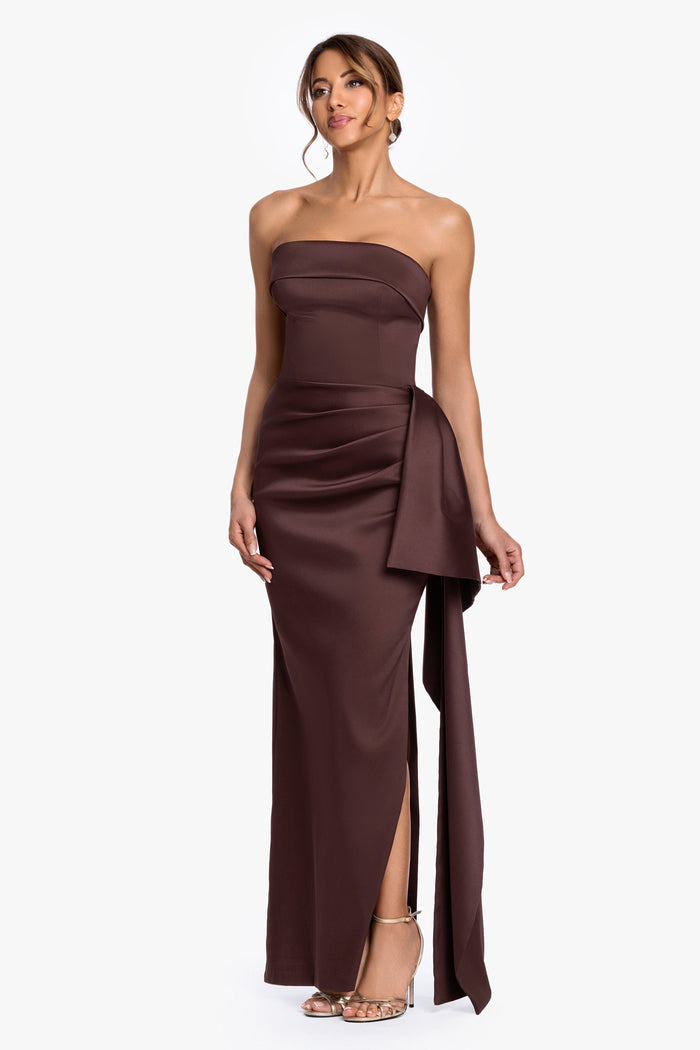 "Remi" Satin Strapless Side Ruffle Floor Length Dress, angled three-quarter view