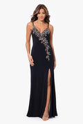 Xscape Evenings Petite "Rina" Jersey Knit Spaghetti Strap Applique Floor Length Dress