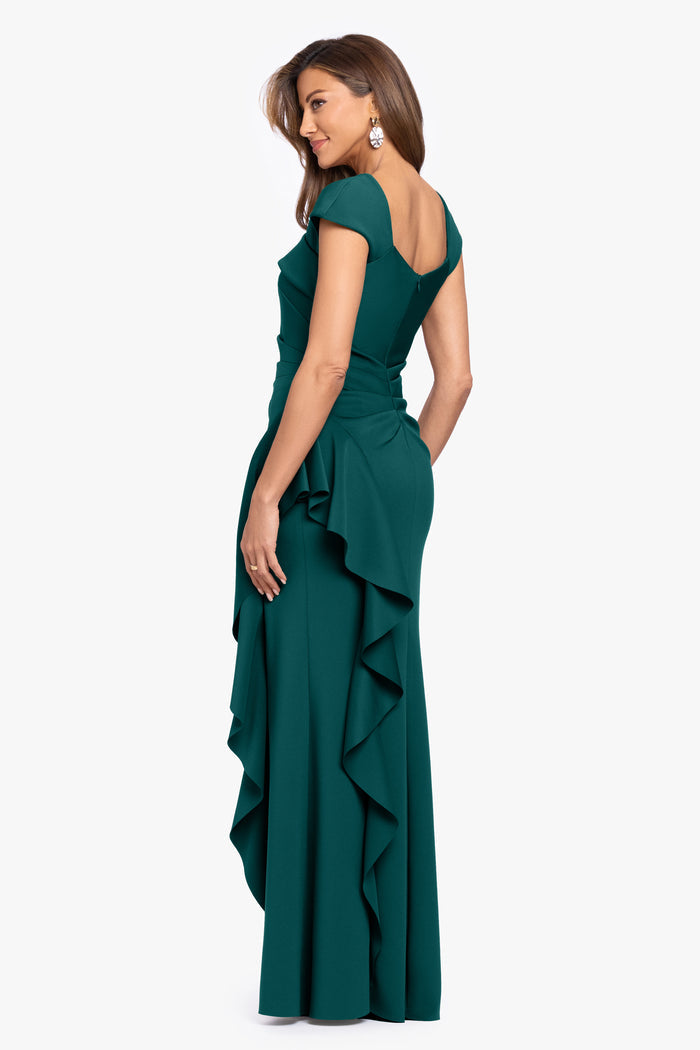 Hunter “Rory” Techno Scuba Asymmetrical Side Ruffle Dress, angled back view