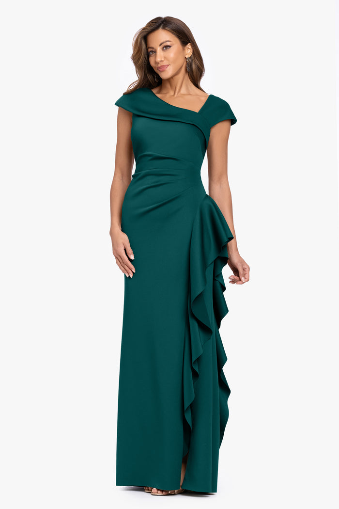Hunter “Rory” Techno Scuba Asymmetrical Side Ruffle Dress, alternate front view