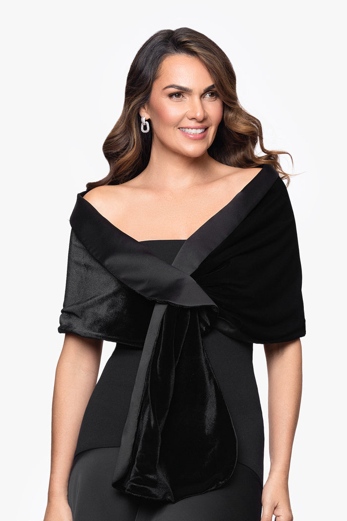 Black “Rosemary” Velvet and Satin Pull Through Shawl Wrap, front view with satin trim and velvet pull-through detail