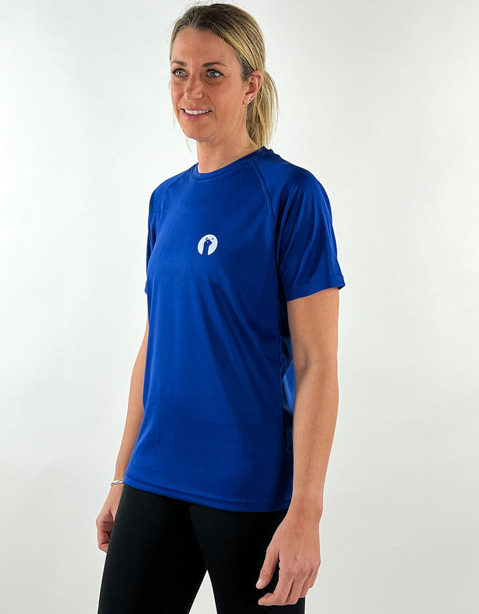 Woman wearing royal blue active llama t-shirt with breathable, quick-drying fabric.