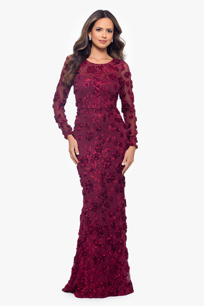 Garnet “Ruby” Raised Flowers Long Sleeve Dress, front view