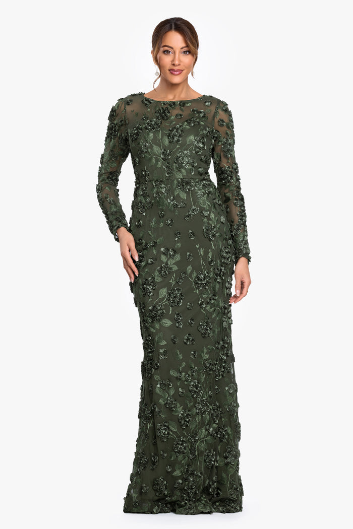 Olive “Ruby” Raised Flowers Long Sleeve Dress, front view