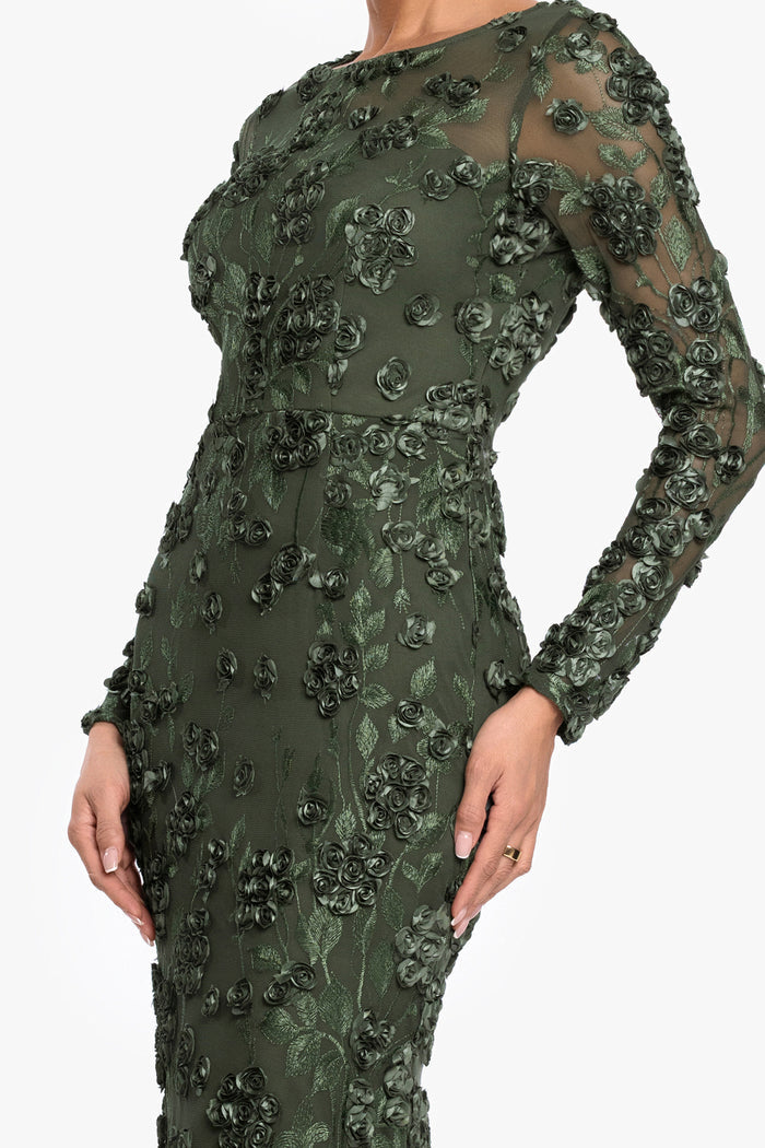 Close-up of the Olive illusion neckline, sheer long sleeves, and raised floral appliqués on the “Ruby” Raised Flowers Long Sleeve Dress