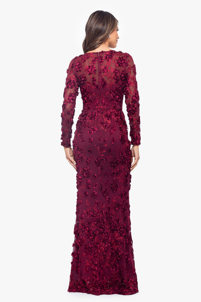 Garnet “Ruby” Raised Flowers Long Sleeve Dress, back view