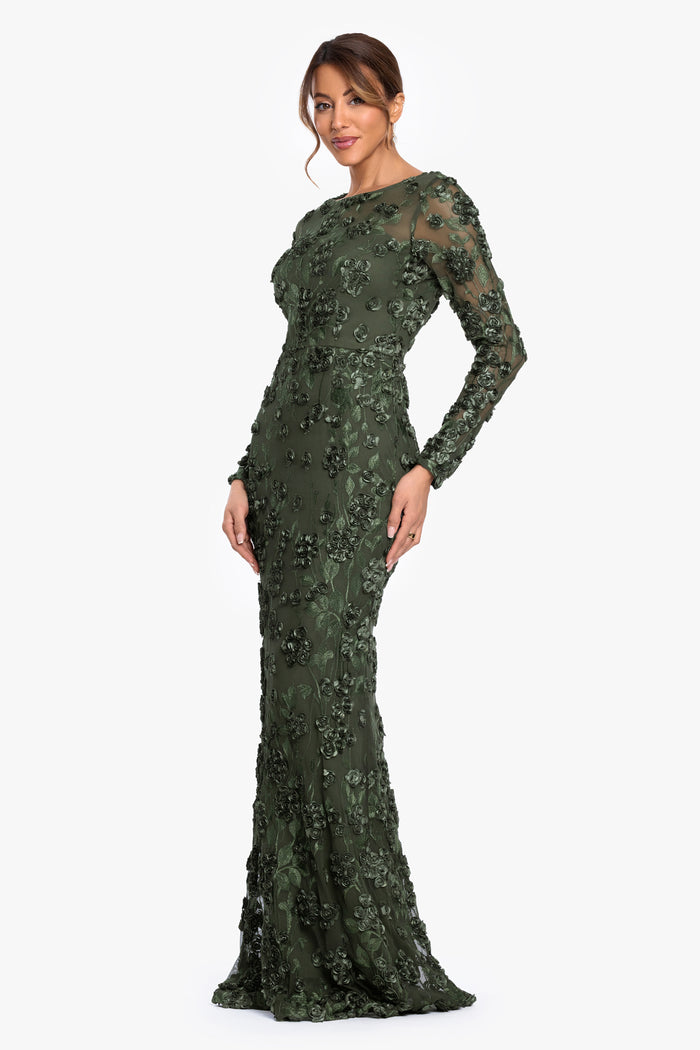 Olive “Ruby” Raised Flowers Long Sleeve Dress, angled three-quarter view