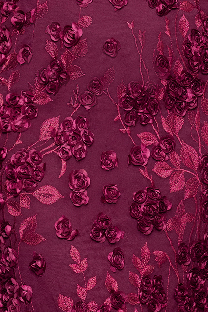 Close-up of the Garnet embroidered mesh and raised 3D rosette appliqués on the “Ruby” Raised Flowers Long Sleeve Dress