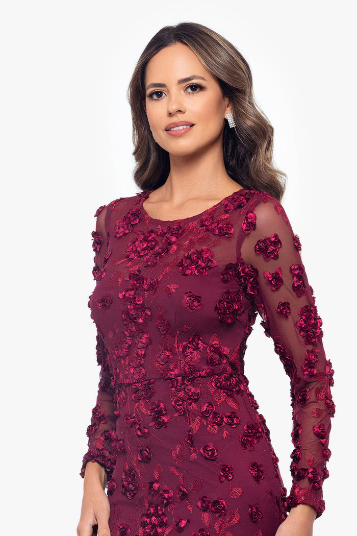 Close-up of the Garnet illusion neckline, sheer long sleeves, and raised floral appliqués on the “Ruby” Raised Flowers Long Sleeve Dress