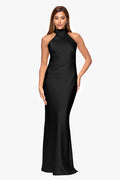 Black “Ruth” Satin High Tie Neck Backless Dress, front view