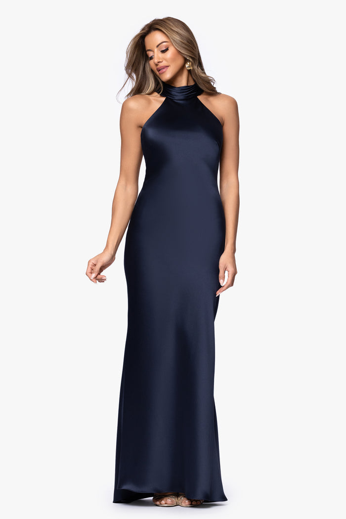 Navy “Ruth” Satin High Tie Neck Backless Dress, front view