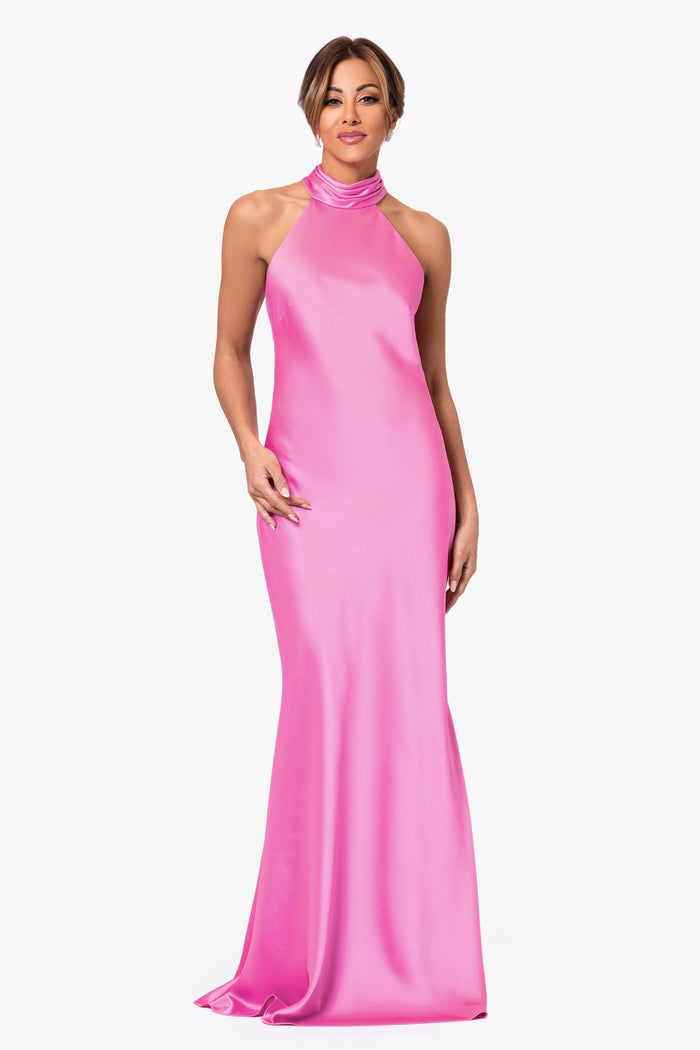 Pink “Ruth” Satin High Tie Neck Backless Dress, front view