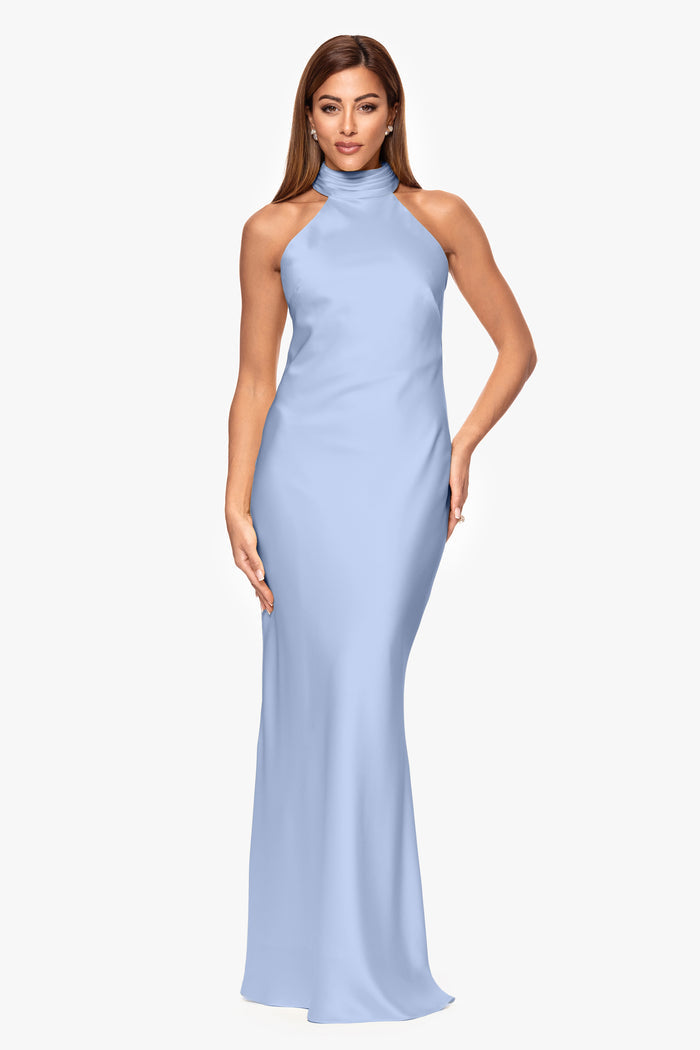 Light Blue “Ruth” Satin High Tie Neck Backless Dress, front view