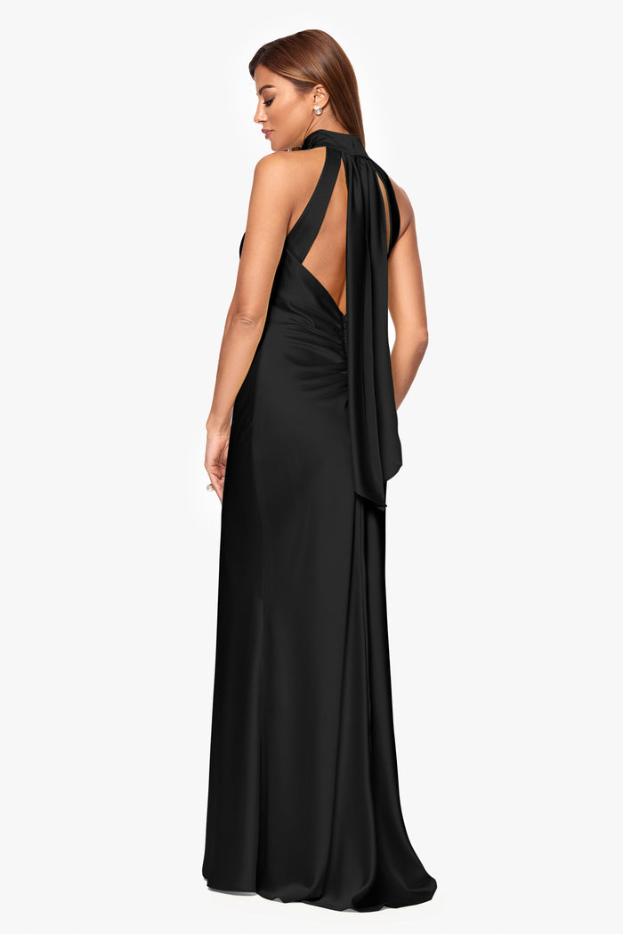 Black “Ruth” Satin High Tie Neck Backless Dress, back view