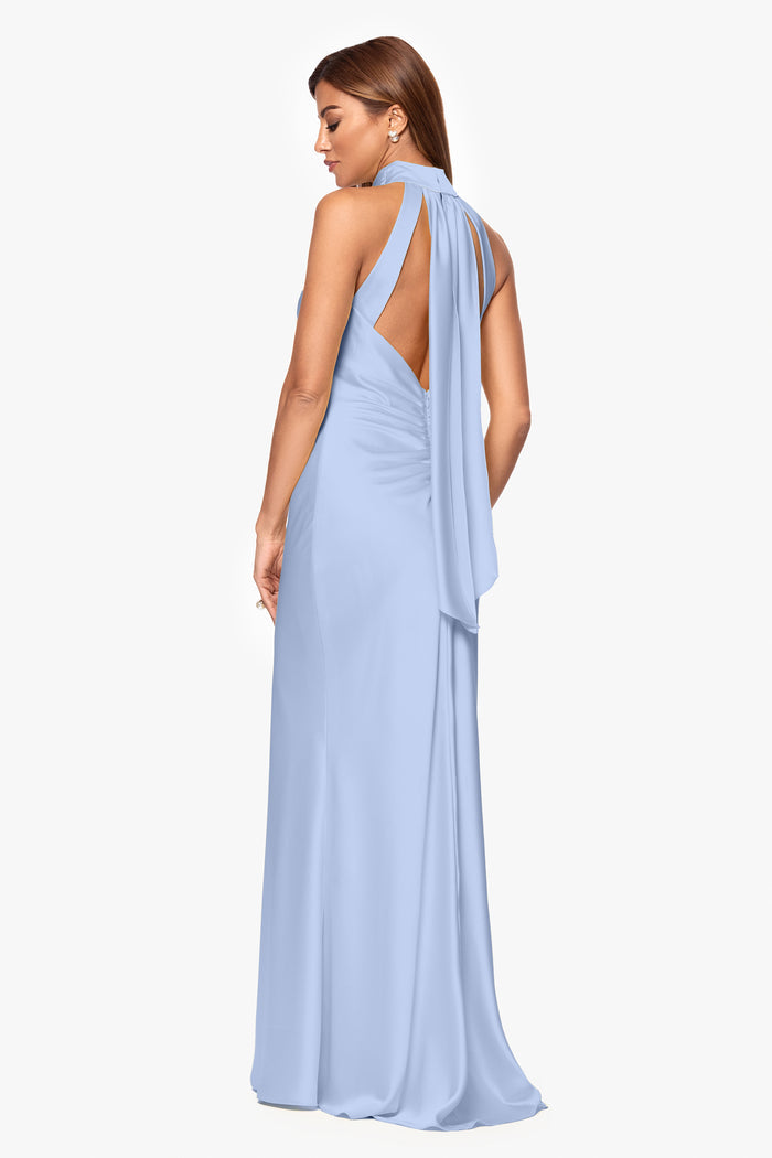 Light Blue “Ruth” Satin High Tie Neck Backless Dress, back view