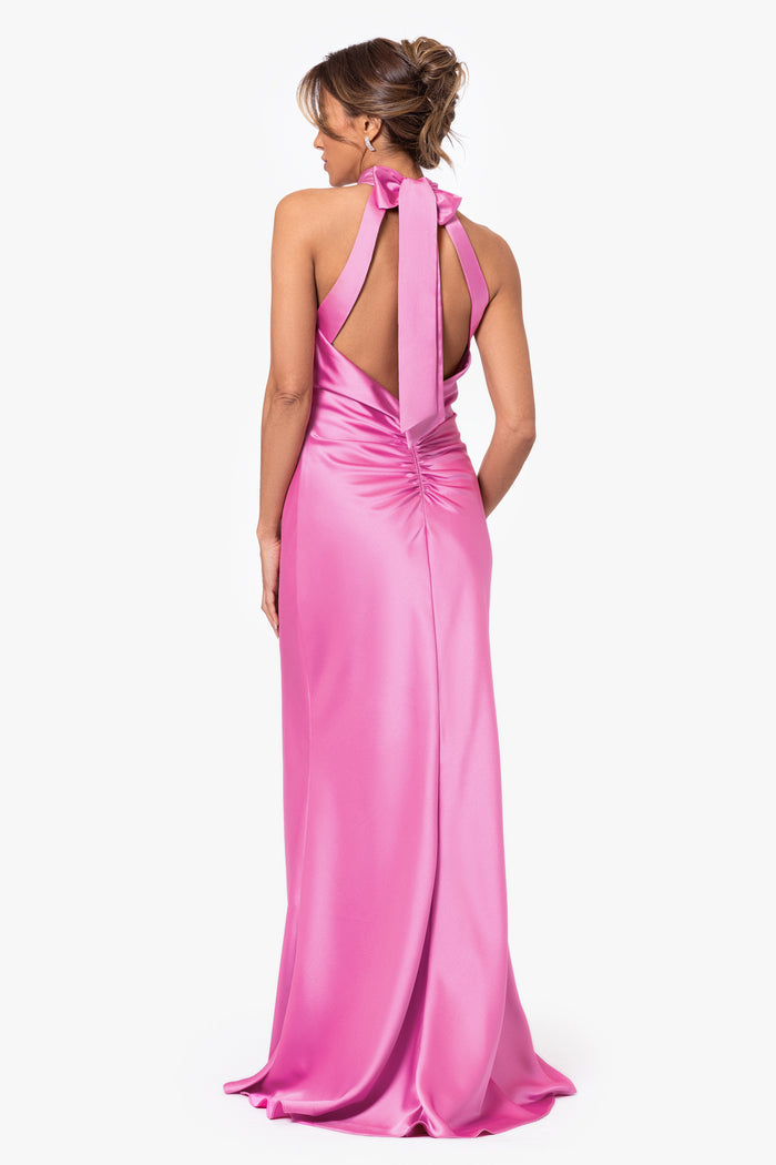 Pink “Ruth” Satin High Tie Neck Backless Dress, back view