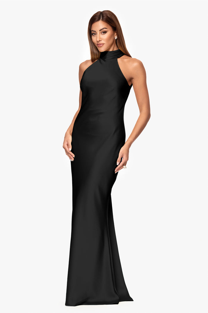 Black “Ruth” Satin High Tie Neck Backless Dress, angled three-quarter view