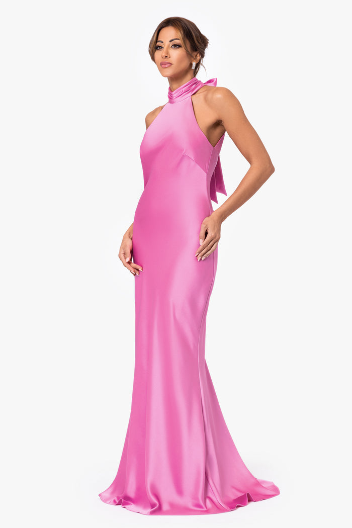 Pink “Ruth” Satin High Tie Neck Backless Dress, angled three-quarter view