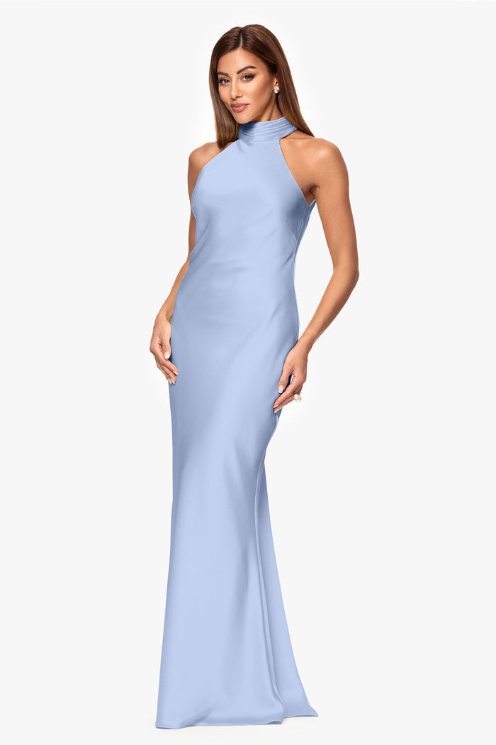 Light Blue “Ruth” Satin High Tie Neck Backless Dress, angled three-quarter view