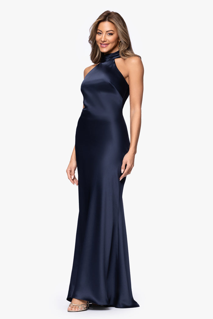 Navy “Ruth” Satin High Tie Neck Backless Dress, angled three-quarter view