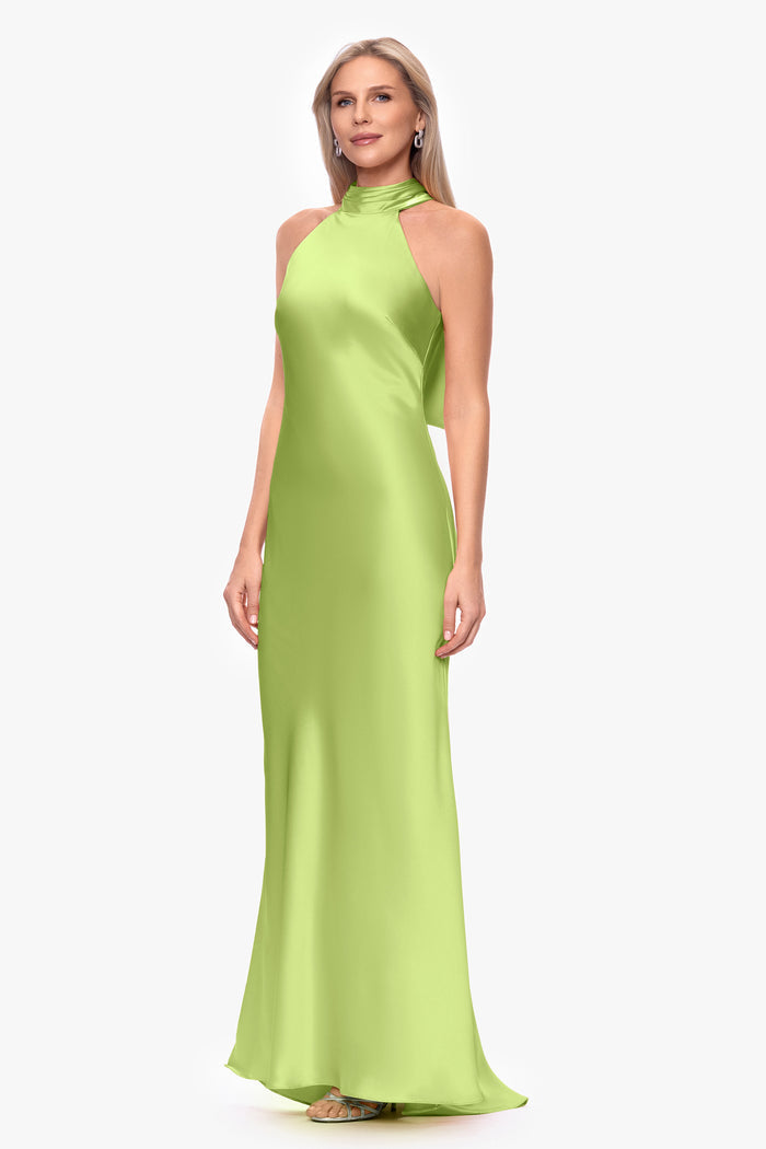 "Ruth" Satin High Tie Neck Backless Dress