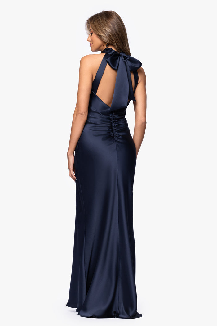 Navy “Ruth” Satin High Tie Neck Backless Dress, back view