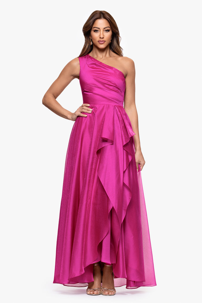 Magenta “Samantha” Organza One Shoulder Ruffle Dress, front view