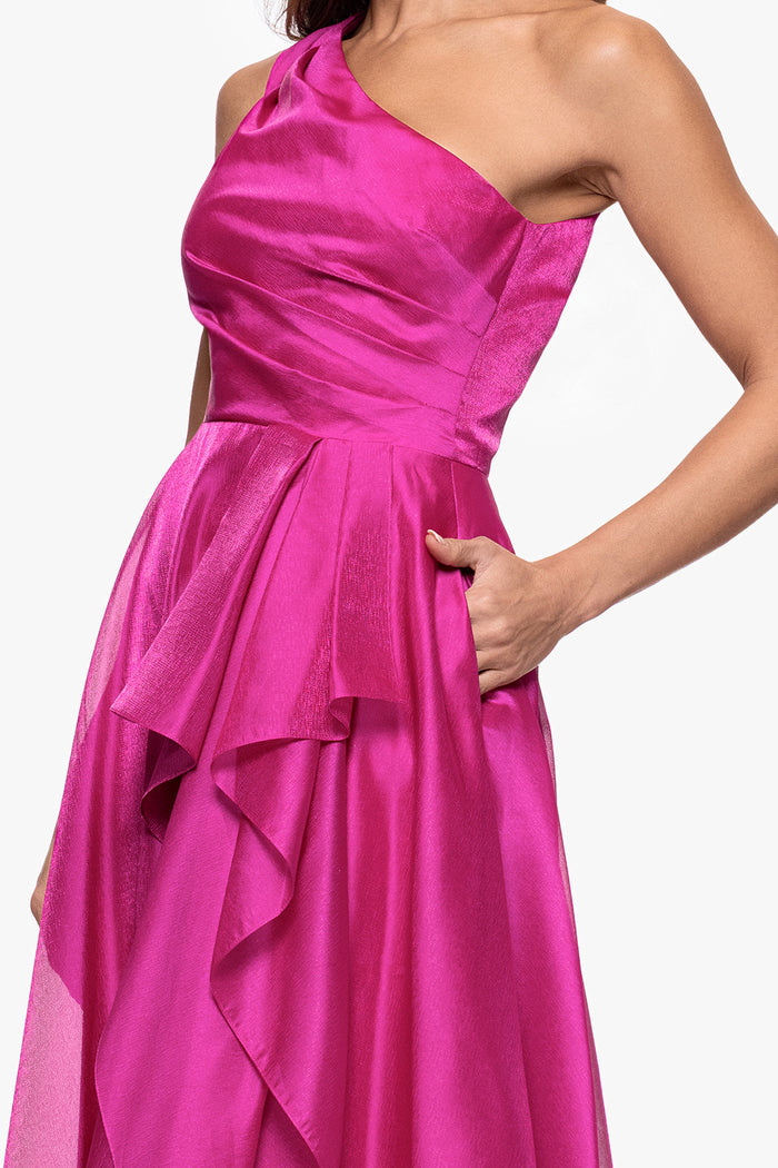 Magenta “Samantha” Organza One Shoulder Ruffle Dress, one-shoulder bodice and cascading ruffle detail