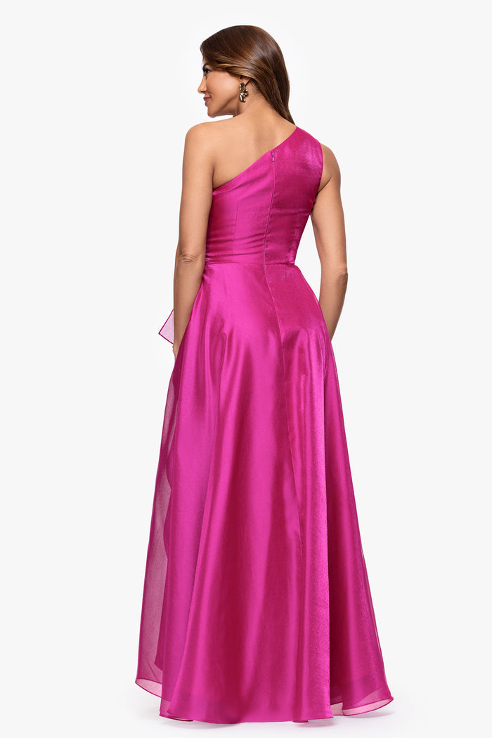 Magenta “Samantha” Organza One Shoulder Ruffle Dress, back view