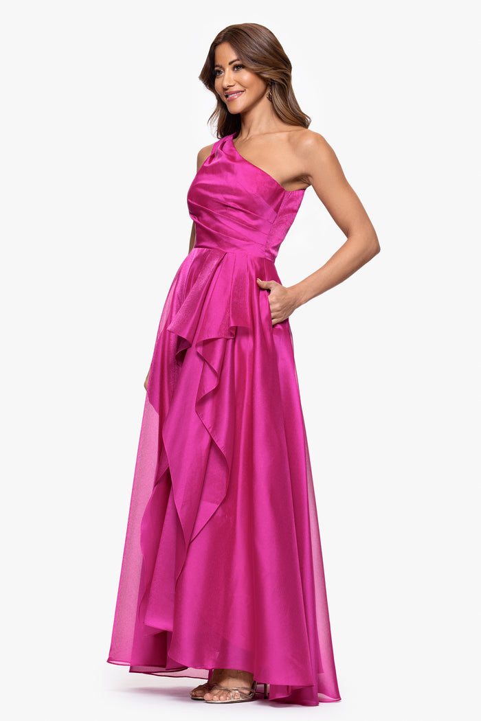Magenta “Samantha” Organza One Shoulder Ruffle Dress, angled three-quarter view
