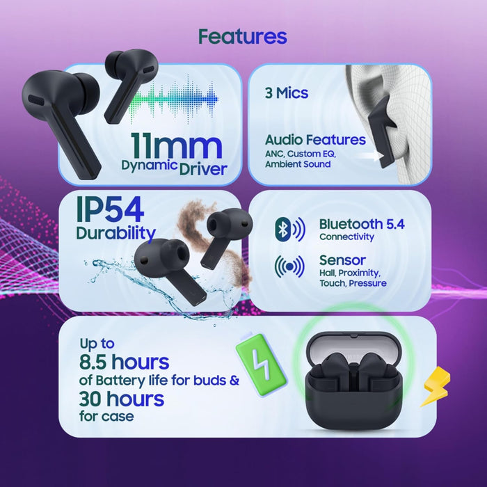 Samsung Galaxy Buds3 FE (Black) with Galaxy AI | ANC | 360-Audio | IP54 | 11mm Dynamic Driver - Unboxify