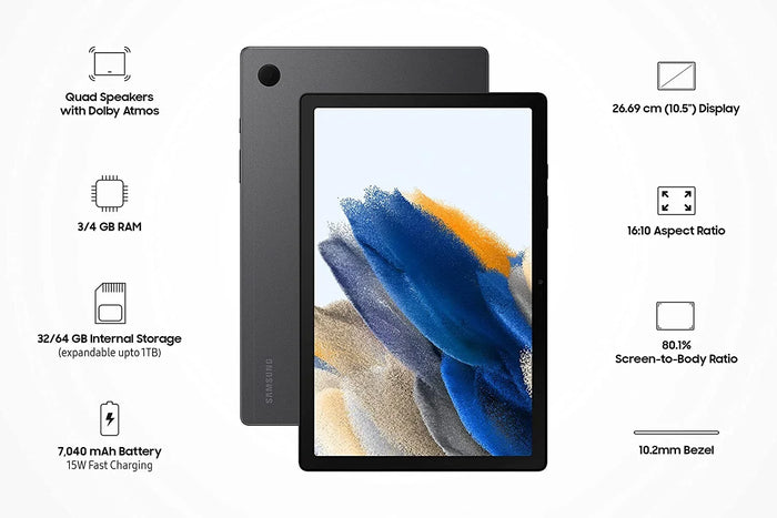 Samsung Galaxy Tab A8 10.5 inches (26cm) Display, RAM 3 GB, ROM 32 GB Expandable, Wi-Fi+LTE Tablet, Silver, (SM-X205NZSAINU) - Unboxify