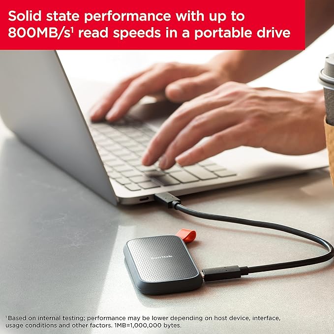 Sandisk 1TB Portable SSD, 800MB/s R, USB 3.2 Gen 2, Rugged SSD with upto 2 meter drop protection, Type-C to Type-A cable