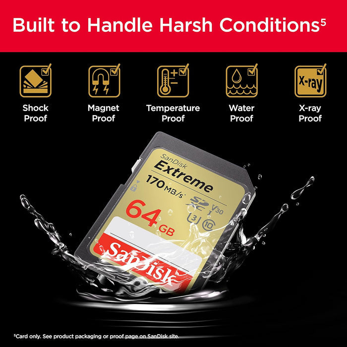 SanDisk Extreme SD UHS I 64GB Card for 4K Video for DSLR and Mirrorless Cameras 170MB/s Read & 80MB/s Write - Unboxify