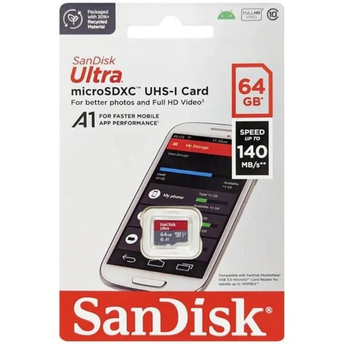 SanDisk Ultra 64GB microSDXC UHS-I, 140MB/s R, Memory Card, 10 Y Warranty, for Smartphones