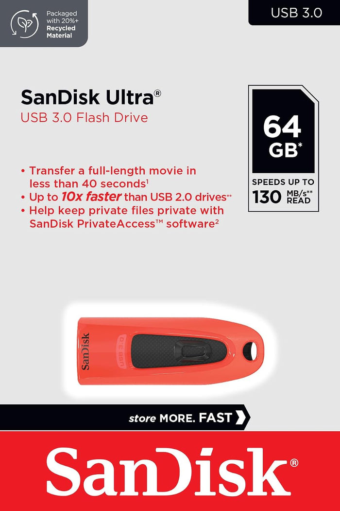 SANDISK Ultra 64GB, USB 3.0, Flash Drive, Upto 130MB/s R, Pendrive, Red, 5Y Warranty (SDCZ48-064G-U46R)