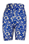 Blue and white floral tight shorts with high-waisted fit and elastic waistband