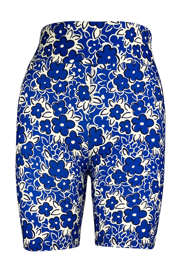 Blue and white floral tight shorts with high-waisted fit and elastic waistband