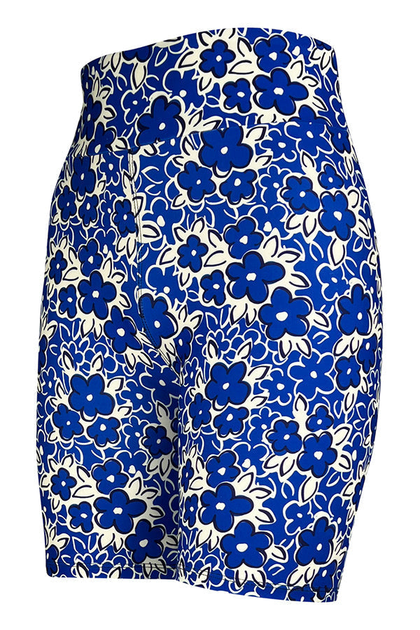 Blue and white floral high-waisted tight shorts with a vibrant Santorini-inspired pattern