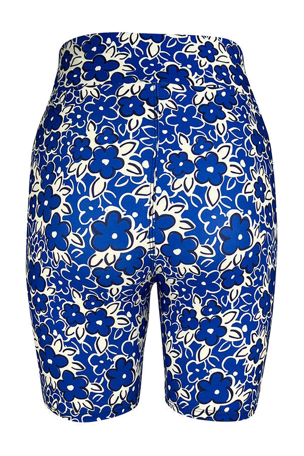 Blue and white floral tight shorts with high-waisted fit inspired by Santorini design