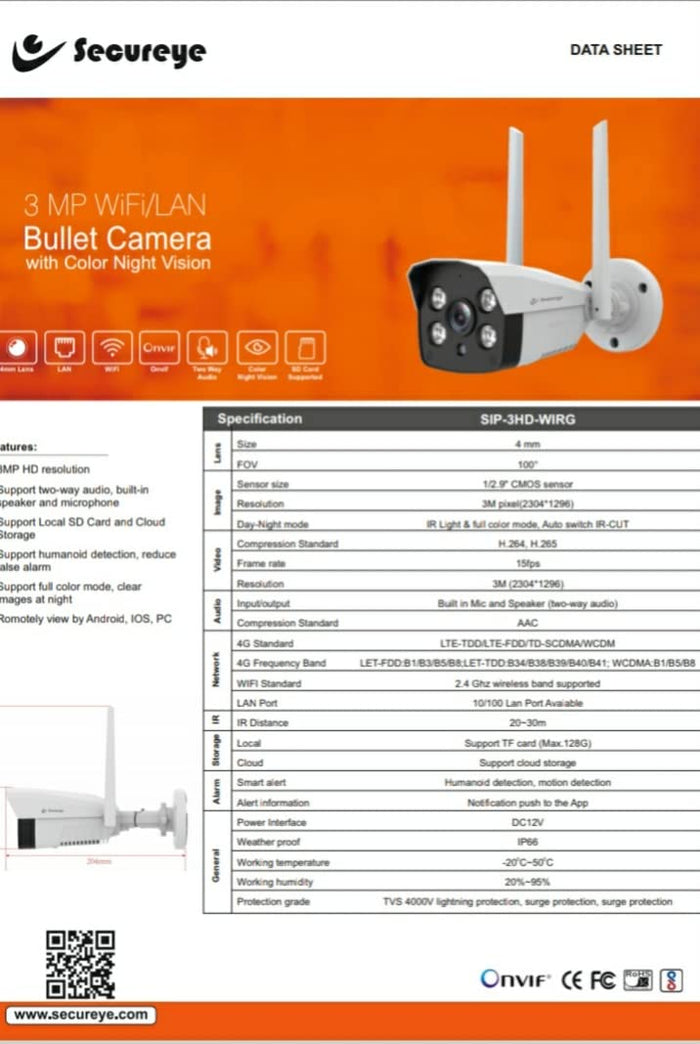 Secureye 4G 3MP Bullet Camera