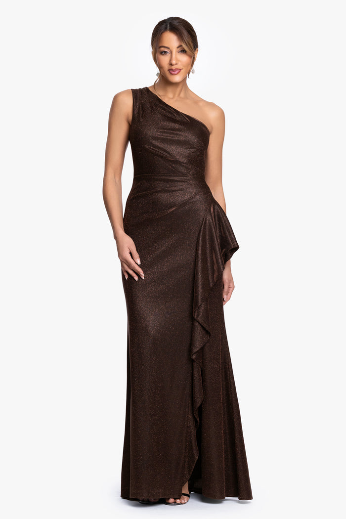 Brown “Shannon” Galaxy Glitter One Shoulder Ruffle Dress, front view