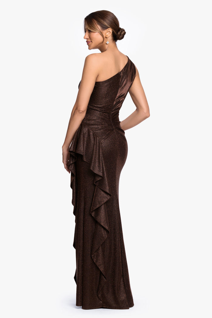 Brown “Shannon” Galaxy Glitter One Shoulder Ruffle Dress, back view