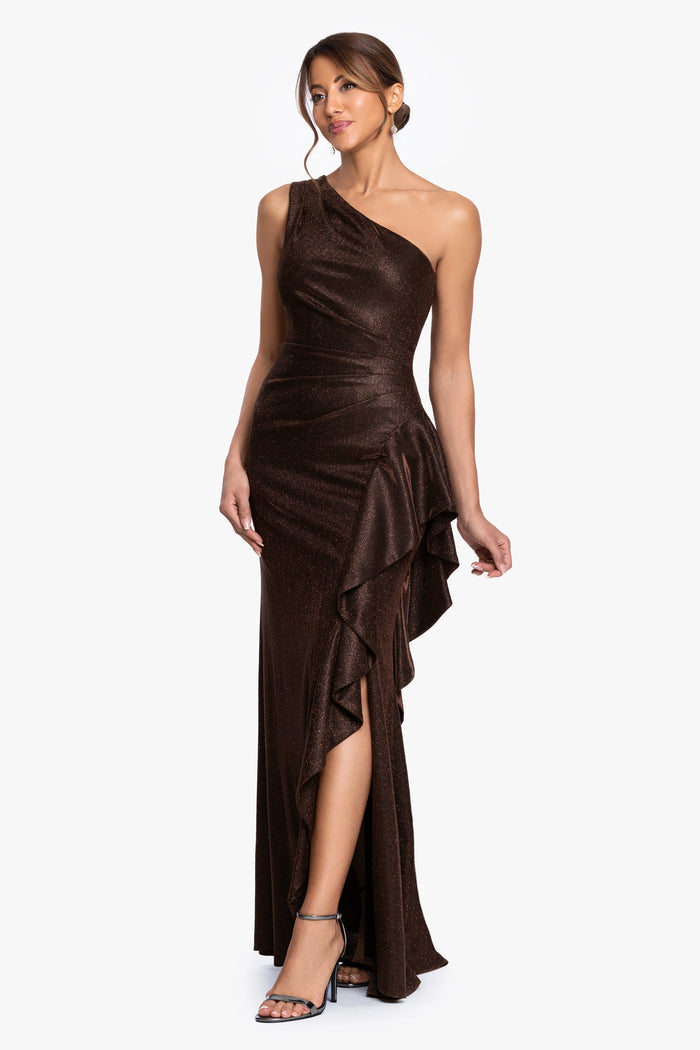 Brown “Shannon” Galaxy Glitter One Shoulder Ruffle Dress, angled three-quarter view