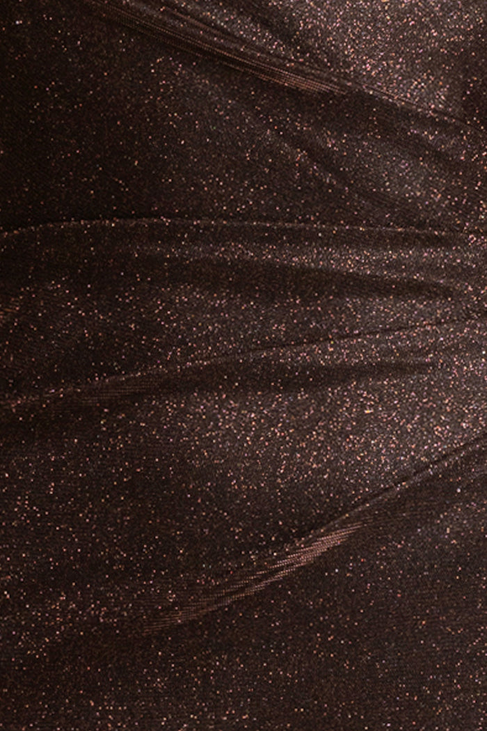 Brown “Shannon” Galaxy Glitter One Shoulder Ruffle Dress, galaxy glitter fabric detail