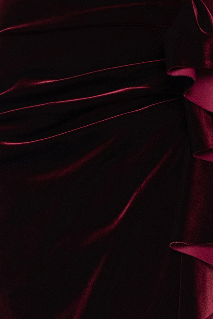 "Shelby" Stretch Velvet Side Ruched Ruffle Dress