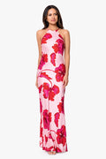 Red/Pink “Sienna” Printed Satin Tie Neck Dress, front view